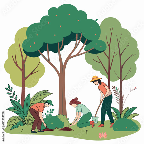 Volunteers Planting Trees And Caring For Environment In A Park Vector Illustration