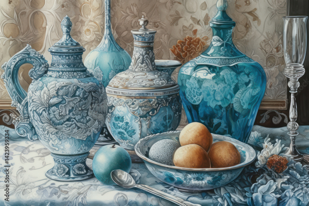 still life with exquisite turquoise dishes on the table,.Generative AI