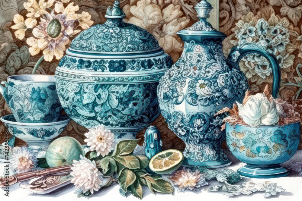 still life with exquisite turquoise dishes on the table,.Generative AI