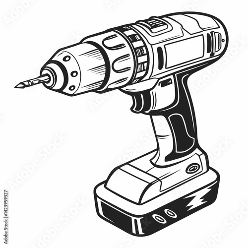 Cordless Power Drill Vector Illustration Black And White Hand Tool Equipment