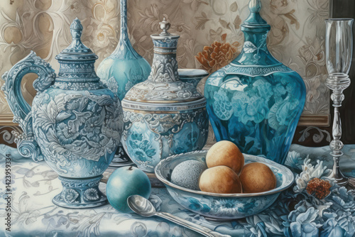 Obraz na płótnie still life with exquisite turquoise dishes on the table,.Generative AI w salonie