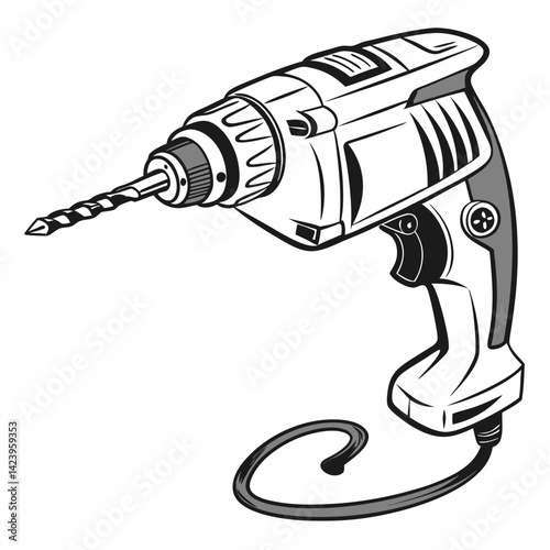 Illustration Of A Power Drill With Cord In Black And White Style