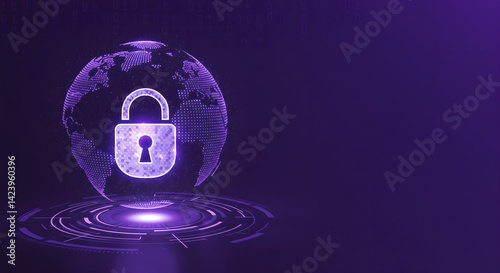 Glowing lock icon and digital earth globe on dark purple background. Global cybersecurity technology concept. Digital data protection abstract design wallpaper