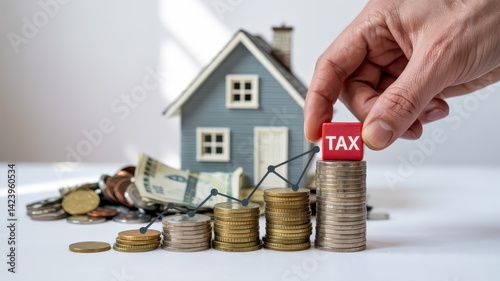 Wallpaper Mural Hand Placing Tax Block on Stacked Coins with Model House and Money Torontodigital.ca