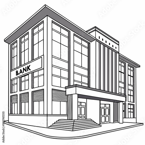 Line Art Bank Building Financial Institution Urban Architecture Design Illustration