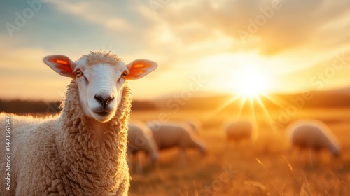 A beautiful sheep stands in the foreground as the sun sets, lighting the entire scene with a golden glow, capturing a peaceful and tranquil rural atmosphere.