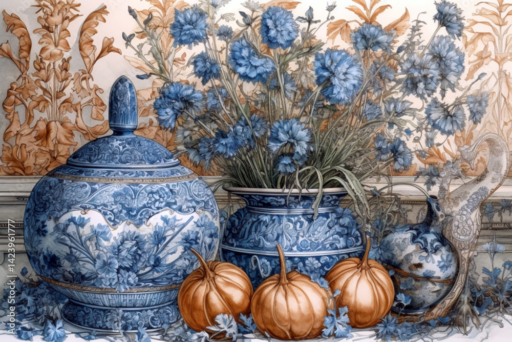still life in blue tones with exquisite dishes, English porcelain., watercolor style, Generative AI