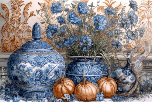 Obraz na płótnie still life in blue tones with exquisite dishes, English porcelain., watercolor style, Generative AI w salonie