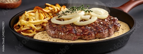 Mouthwatering seared steaks topped with thyme and onions simmering in a flavorful sauce, perfect for a hearty dinner