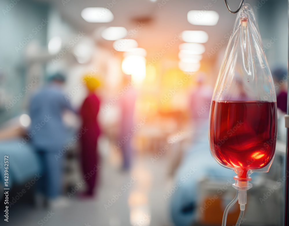 blood bag hangs hospital setting, symbolizing hope and care. Medical professionals are seen background, working diligently blood bag hangs hospital setting, symbolizing hope and care. Medical professionals are seen background, working diligently