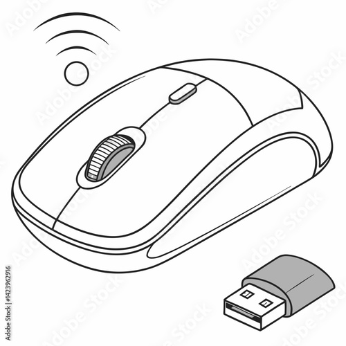 Isometric Wireless Computer Mouse With Usb Receiver Dongle Outline Drawing