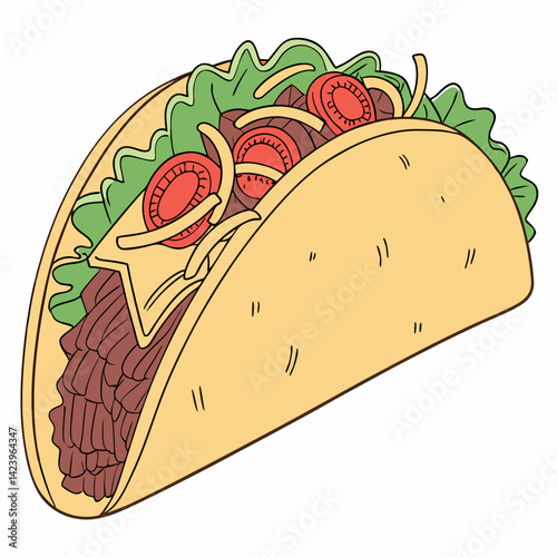 Cartoon Taco With Beef Lettuce Tomato And Cheese Filling Illustration
