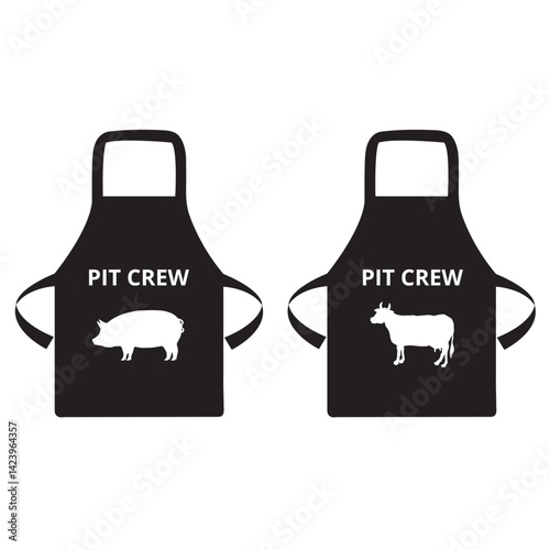 Pit crew black apron with text and cow and pork drawings isolated on a white background