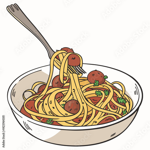 Spaghetti And Meatballs Classic Italian Cuisine Tasty Pasta Meal Illustration