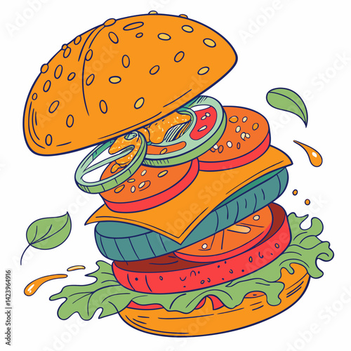 Exploded Burger Illustration With Flying Ingredients And Tasty Colorful Design Elements