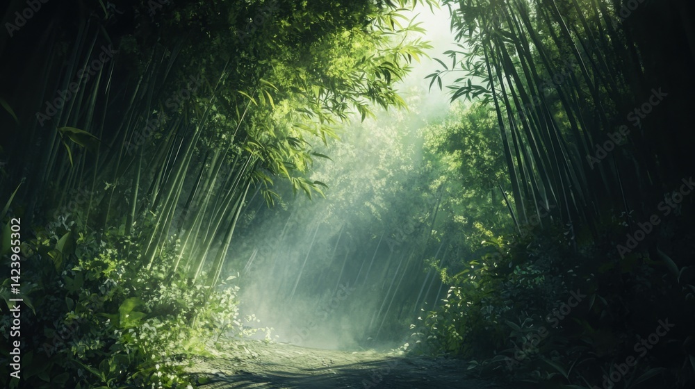 Fototapeta premium Wind blowing through a dense bamboo grove, leaves rustling softly under the dappled sunlight