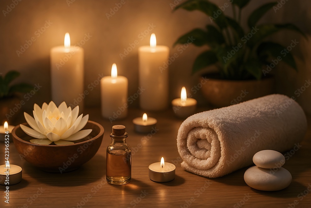 A serene spa setup featuring scented candles, a relaxing towel, a calming lotus flower, and essential oils, creating a peaceful ambiance for relaxation and self-care. A serene spa setup featuring scented candles, a relaxing towel, a calming lotus flower, and essential oils, creating a peaceful ambiance for relaxation and self-care.