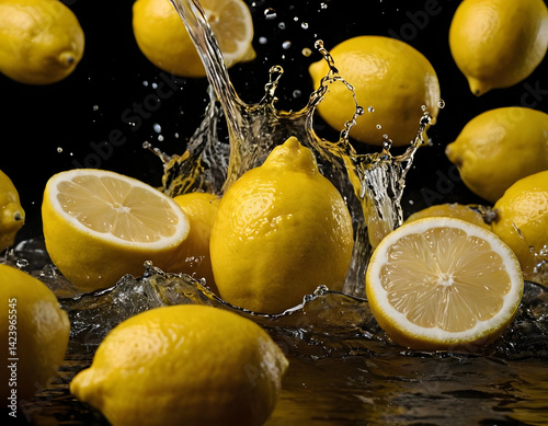 lemon with water splashes, fresh lemon with splashing, cut out lemon