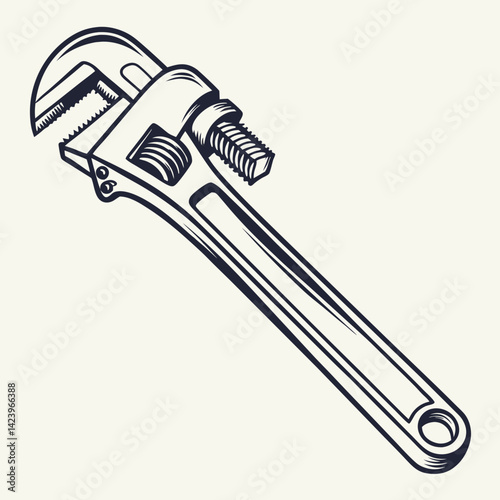 Adjustable Pipe Wrench Vector Illustration In Vintage Style For Plumbers And Mechanics