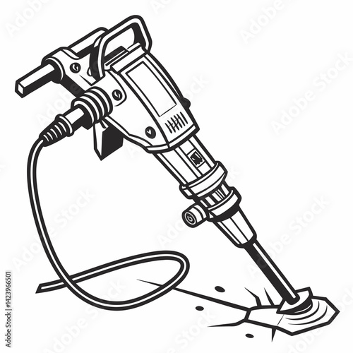 Black And White Line Art Of Jackhammer Breaking The Ground Surface