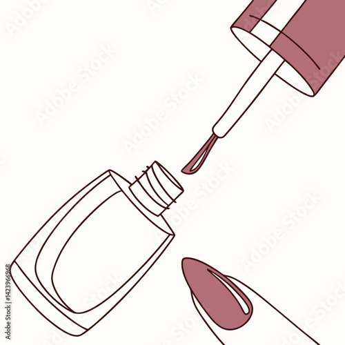 Nail Polish Application Line Art With Bottle Brush And Coated Fingernail