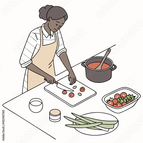 Woman Preparing Vegetables In The Kitchen Minimalist Illustration Cooking At Home