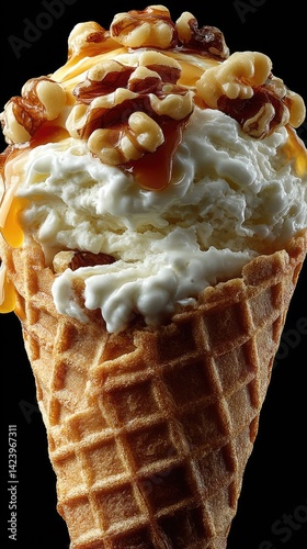 A scoop of vanilla ice cream topped with rich caramel and walnuts is set against a variety of tempting sweet treats