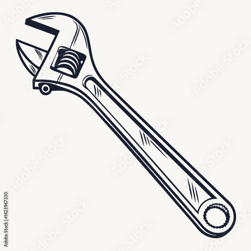Adjustable Wrench Spanner Tool Isolated On White Background Line Art Illustration