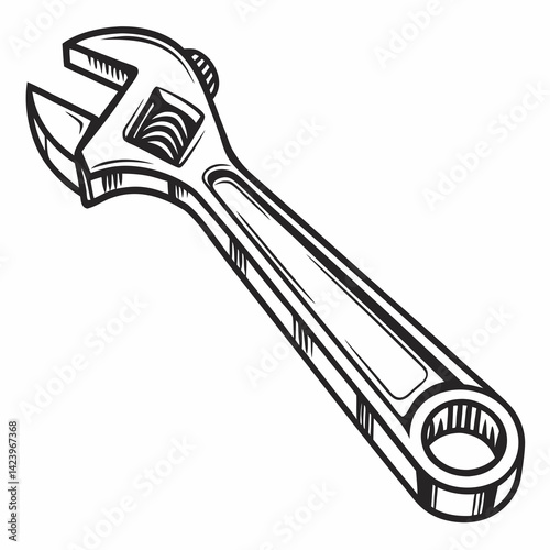 Adjustable Wrench Illustration In Black And White Hand Drawn Style