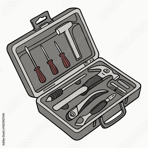 Toolkit In A Grey Case With Screwdrivers Hammer And Wrenches Hand Tools