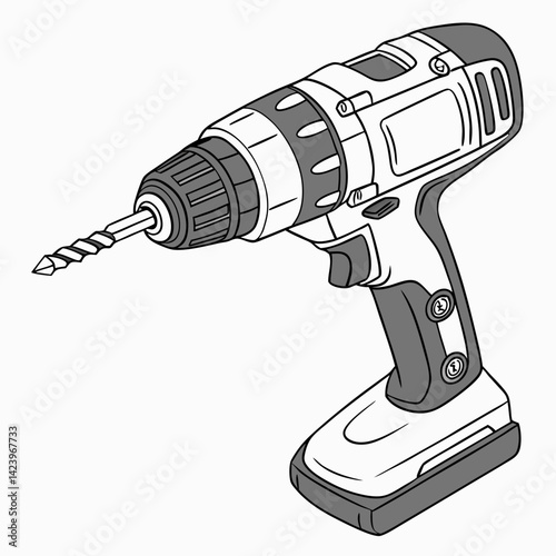 Illustration Of A Cordless Drill With Drill Bit In Black And White