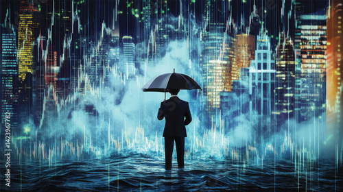 igital Rain Over Financial Crisis Concept.