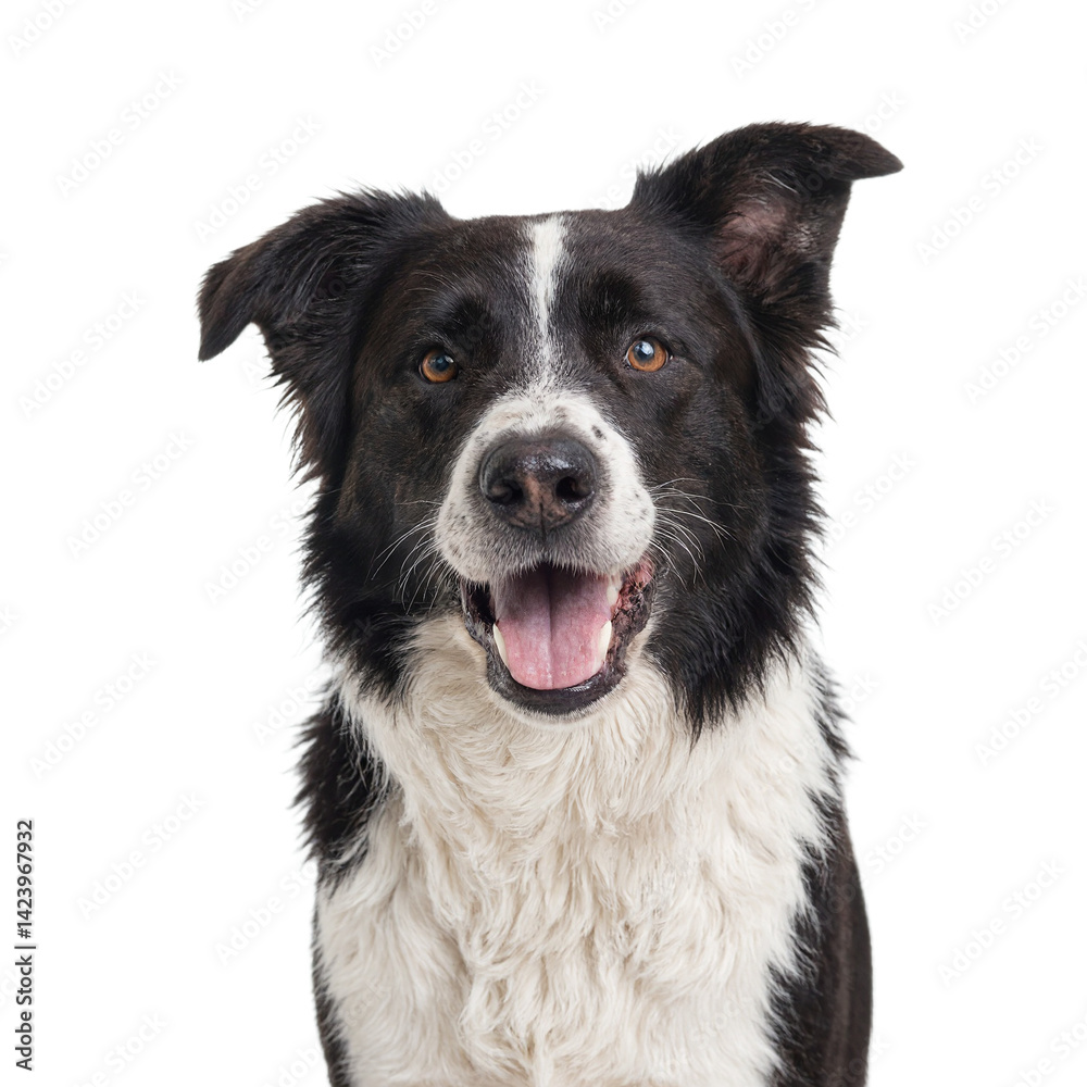 Isolated overexcited Border Collie headshot with a wide grin Isolated overexcited Border Collie headshot with a wide grin