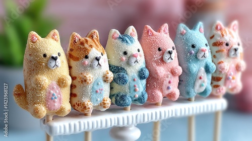 These delightful cat cake pops come in various colors, showcasing their cute features in a charming and playful arrangement