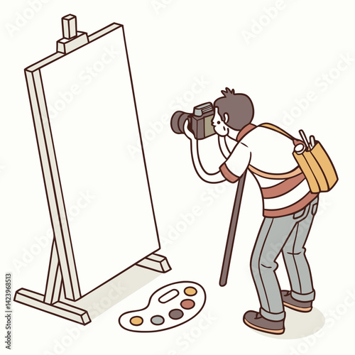 Artist Photographing Empty Canvas On Easel With Palette Illustration In Isometric View