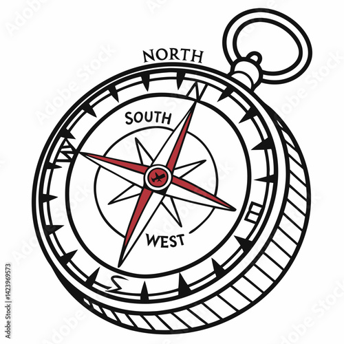 Antique Compass With North South West And Red Needle Line Art