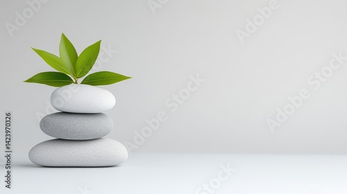 Stacked Stones Green Leaves Minimalist Style High-Resolution Studio Lighting Centered Close-up View Smooth Textures Zen Serenity White Background Peaceful Calming Ideal for Wellness Websites