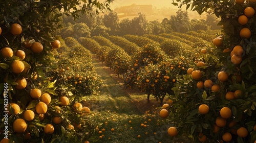 Sunrise over orange grove, ripe fruit harvest, rural landscape, agricultural scene