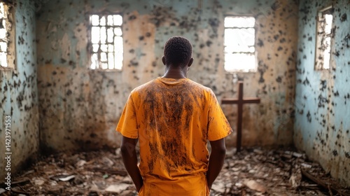 A lone person stands in a deteriorated, abandoned chapel, surrounded by peeling walls and debris, conveying a sense of isolation and contemplation amidst decay.
