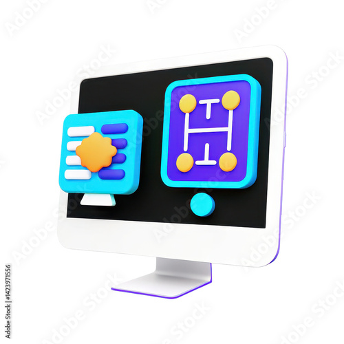 Quantum Algorithms concept. Modern computer screen displaying colorful graphics and user interface elements, on transparent background.