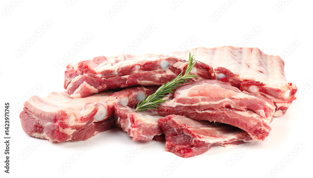 Fresh raw pork ribs and rosemary isolated on white Fresh raw pork ribs and rosemary isolated on white