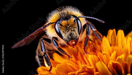 Bee close to flower in macro with black background