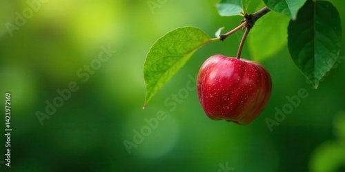 A single, ripe red apple hangs from a branch, vibrant green leaves surrounding it, a tranquil scene of nature's bounty.