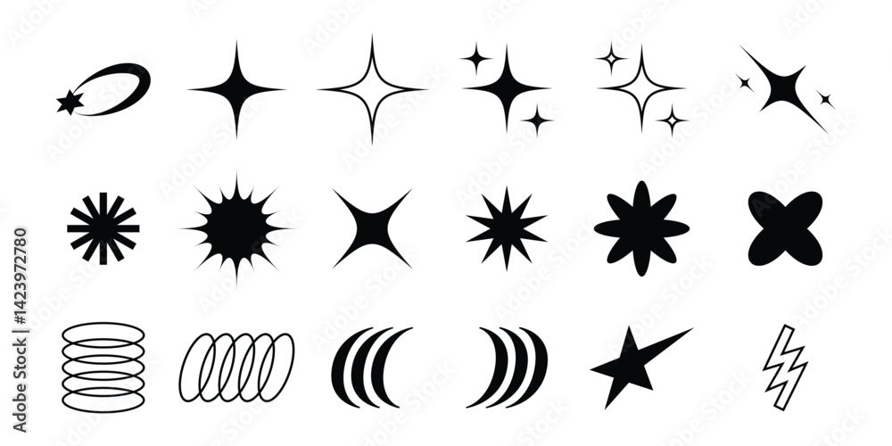 Naklejka premium Y2K decorative shapes vector illustration pack, inspired by the bold, shiny, and futuristic aesthetic of the early 2000s. Includes stars, sparkles, ovals, blobs, and abstract forms