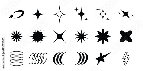 Y2K decorative shapes vector illustration pack, inspired by the bold, shiny, and futuristic aesthetic of the early 2000s. Includes stars, sparkles, ovals, blobs, and abstract forms