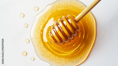golden thick liquid honey and honey dipper top view isolated on white background.