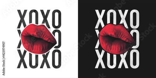 XOXO design with collage halftone female kissing lips. XO - hugs and kisses. Graphics for t-shirt, clothes print or  banners, posters and cards. Vector.