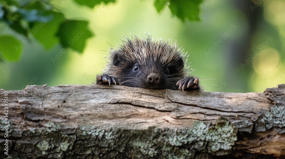 Naklejka premium A curious hedgehog peering over a textured brown wooden log