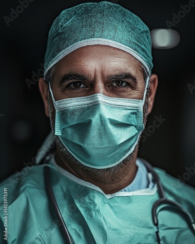Focused surgeon in teal scrubs, surgical mask and cap