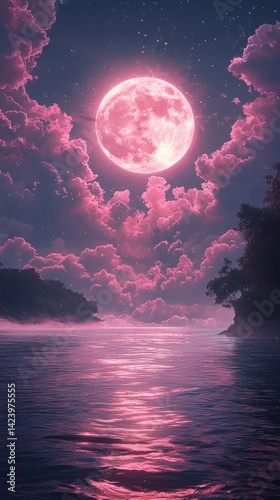 Tranquil Lunar Glow: A Serene Nightscape Painting with a Pink Moon